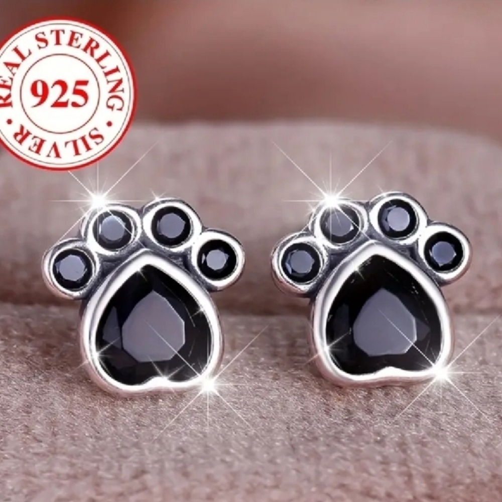 NEW Sterling Silver Paw Print Earrings with Black Accents